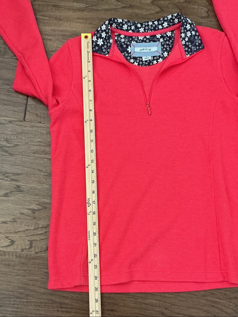 Orvis Women’s Ribbed Coral 1/4 Pullover Sweater M Navy Floral Cuff Accents - Picture 6 of 8